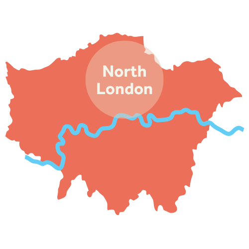 A map of London in orange with a lighter circle highlighting North London