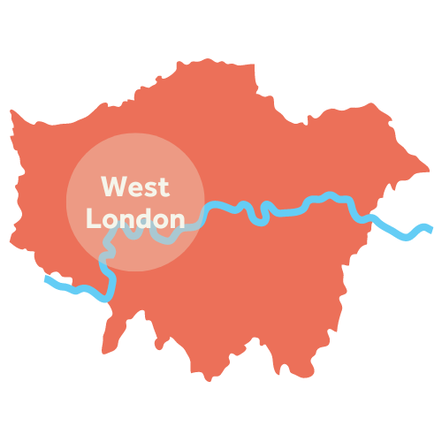 A map of London in orange with a lighter circle highlighting West London