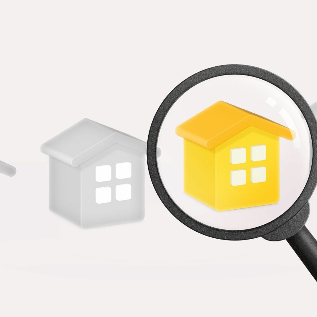 An illustration of two properties side by side. The one on the left is grey and the one of the right in yellow with a magnifying glass around it